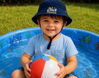 Kids Navy Bucket Hat, Ages 6 Months - 5 Years, Choose Size, Machine Embroidered Turtle, Beach Wear, Adjustable Bucket Hat, Toddler Sun Hat