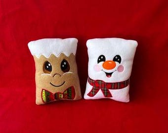 Snowman and Gingerbread Plush Toys, Christmas Pillows, Set of 2, Kids Toys, Kids Gifts, Machine Embroidered, Christmas Decor, Photo Prop