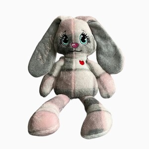 Personalized Bunny, Pastel Toy, Gift for Kids, Plushie Toy for Baby, Stuffed Animal, Pink/Gray/White Fleece, Snuggle Toy, Girls Birthday