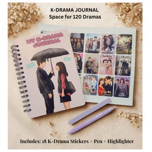 May include: A K-Drama journal with spiral binding, featuring the text "MY K-DRAMA JOURNAL" and an illustration of a couple under an umbrella. Includes stickers, a pen, and a highlighter. The journal has space for 120 dramas.