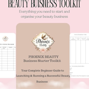 Op de afbeelding: Een roze en beige zakelijke toolkit met de titel "BEAUTY BUISNESS TOOLKIT" met de tekst "Everything you need to start and organise your beauty business." De toolkit bevat een gids voor het lanceren en runnen van een succesvol beautybedrijf.
