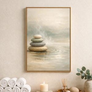 May include: A framed painting depicts a stack of smooth stones in water, evoking a sense of calm. A wooden shelf displays rolled white towels, a lit candle, a reed diffuser, and a vase with greenery, creating a spa-like atmosphere.