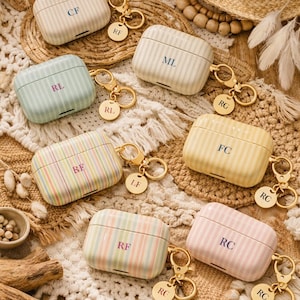 Custom Monogram Airpods Case Stripes Initials,Cover For Airpod Gen 1 2 3 4 Pro,No Keychain, Glossy Finish, Shockproof Accessory Gift For Her