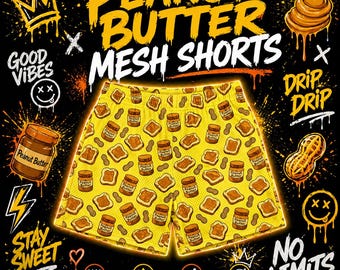 Peanut Butter Mesh Shorts, Funny Food Shorts, Snack Print Athletic Shorts, Unisex Streetwear Shorts, Breathable Summer Shorts