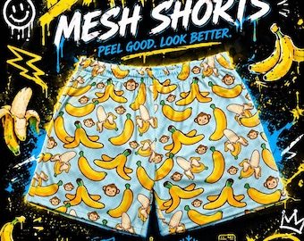 Banana Mesh Shorts, Funny Monkey Banana Shorts, Fruit Graphic Shorts, Athletic Mesh Shorts, Unisex Streetwear, Breathable Summer Shorts