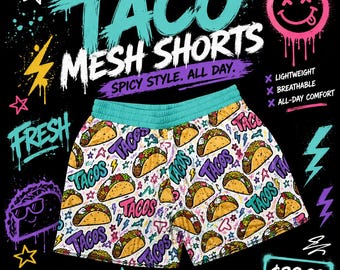 Taco Mesh Shorts, Funny Food Shorts, Graphic Athletic Shorts, Unisex Streetwear Trunks, Breathable Basketball Shorts, Summer Casual Shorts