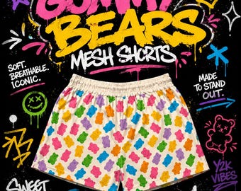 Gummy Bear Mesh Shorts, Colorful Candy Pattern Shorts, Cute Streetwear Shorts, Summer Beach Trunks, Breathable Athletic Festival Outfit