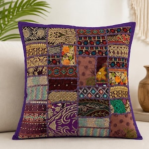 Handmade Purple Patchwork Pillow Cover, Boho Embroidered Cushion Cover, Vintage Throw Pillow Case, Decorative Sofa Cushion