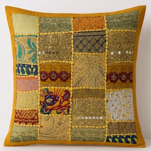 Handgjort lapptäcke örngott, gult boho kuddfodral, broderat dekorativt kuddfodral, vintage textil heminredning