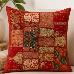Funda de almohada roja hecha a mano con retazos, funda de cojín bordada estilo bohemio, funda de almohada decorativa vintage, decoración étnica para el hogar.
