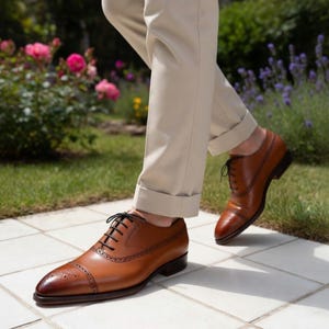 Men's Brown Full Grain Calfskin Leather Cap Toe Oxford Shoes, Brogue Detailing image 3