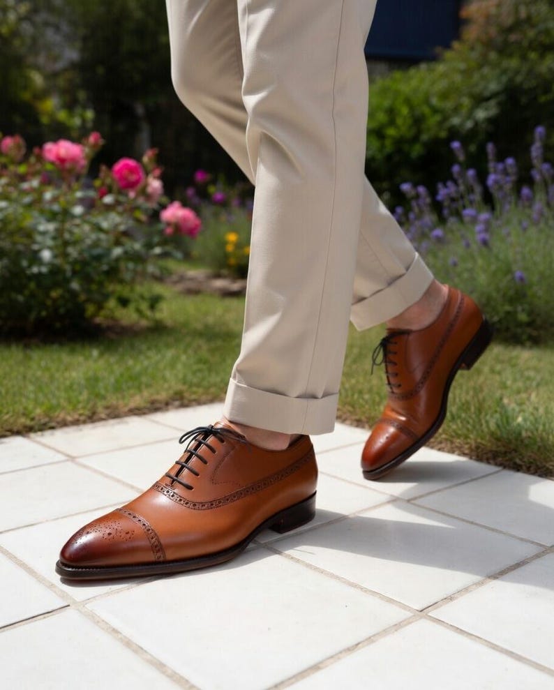 Men's Brown Full Grain Calfskin Leather Cap Toe Oxford Shoes, Brogue Detailing image 3