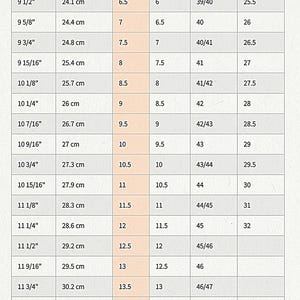 May include: A shoe size chart titled "Men's Shoes Length and Width Charts" with measurements in inches, centimeters, US, UK, European, and Japanese sizes. The chart includes sizes from 6 to 16 US.