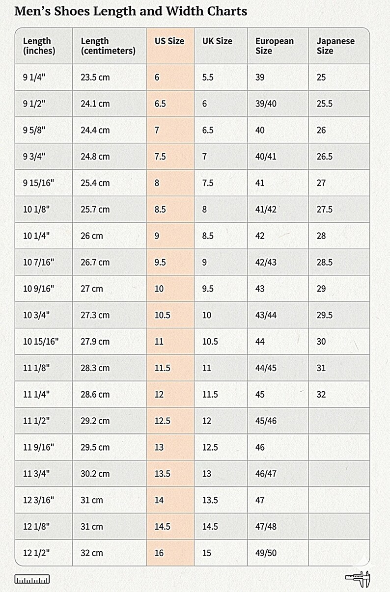 May include: A shoe size chart titled "Men's Shoes Length and Width Charts" with measurements in inches, centimeters, US, UK, European, and Japanese sizes. The chart includes sizes from 6 to 16 US.