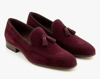 Handmade Burgundy Suede Tassel Loafers, Men's Luxury Slip On Dress Shoes