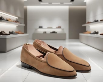 Mocasines de gamuza marrón hechos a mano – Zapatos de vestir de lujo sin cordones para hombre