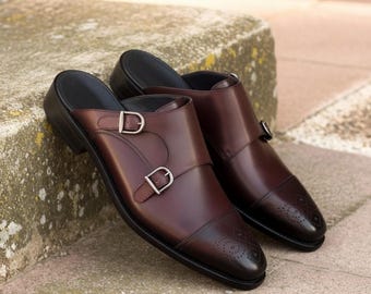 Handmade Brown Leather Monk Strap Mule Loafers, Cap Toe Brogue Slip On Clogs