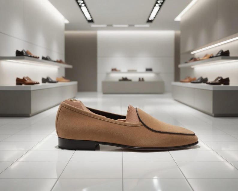 May include: A tan suede loafer with a black sole and trim, displayed in a well-lit shoe store. The shoe has a classic design with a pointed toe. Other shoes are visible on shelves in the background.