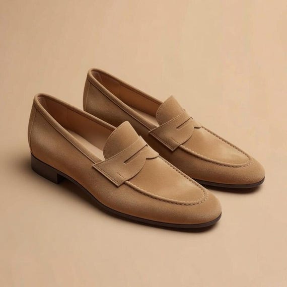 Handmade Beige Suede Penny Loafers, Men's Custom Leather Slip-On Dress Shoes