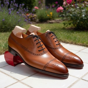 Men's Brown Full Grain Calfskin Leather Cap Toe Oxford Shoes, Brogue Detailing image 2