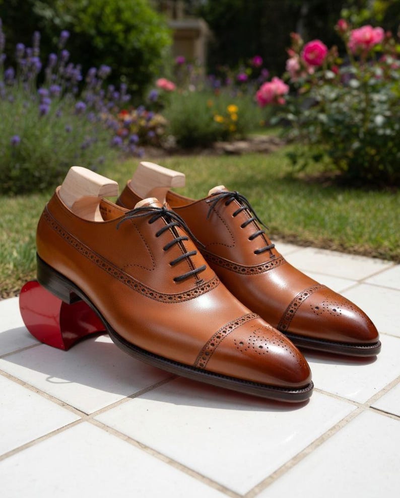 Men's Brown Full Grain Calfskin Leather Cap Toe Oxford Shoes, Brogue Detailing image 2
