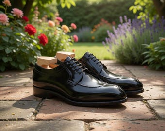 Handmade Black Patent Leather Derby Shoes – Men's Formal Lace-Up Footwear