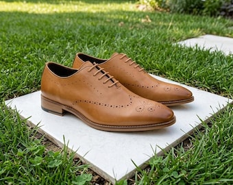 Handmade Tan Leather Oxford Brogue Dress Shoes, Custom Formal Wedding Business Footwear
