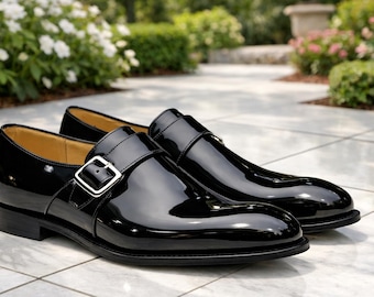 Zapatos Monk Strap de charol negro, para ocasiones formales, mocasines con hebilla para bodas.