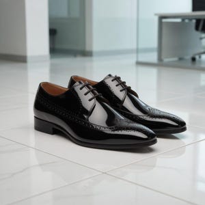 Men's Handmade Black Patent Leather Oxford Wingtip Brogue Dress Shoes