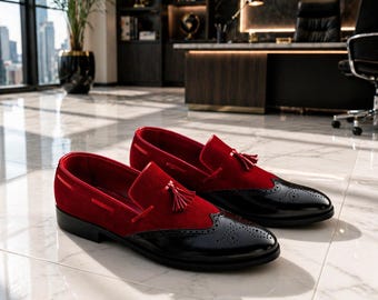 Red & Black Leather Tassel Loafers, Men's Handmade Dress Shoes, Wedding Office Wear