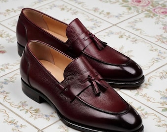 Burgundy Leather Tassel Loafers, Men's Dress Shoes, Classic Slip-On Formal Wear