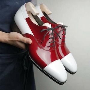 Handmade Red White Leather Oxford Shoes, Two-Tone Cap Toe Dress Shoes