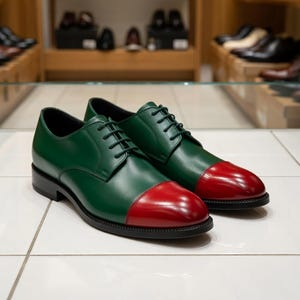 Men's Two-Tone Green Red Leather Cap Toe Oxford Shoes
