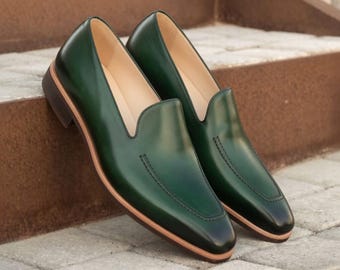 Handmade Green Leather Loafers – Men's Slip On Dress Shoes, Moccasins, Wedding Shoes