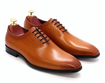 Handmade Tan Leather Oxford Dress Shoes, Classic Lace-Up Formal Wedding Menswear