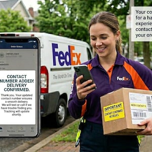 May include: A FedEx delivery person holding a package and a smartphone. The phone displays a delivery alert with the text "CONTACT NUMBER ADDED! DELIVERY CONFIRMED." A FedEx van is in the background.