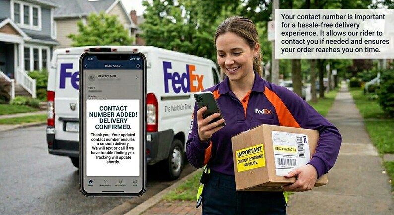 May include: A FedEx delivery person holding a package and a smartphone. The phone displays a delivery alert with the text "CONTACT NUMBER ADDED! DELIVERY CONFIRMED." A FedEx van is in the background.