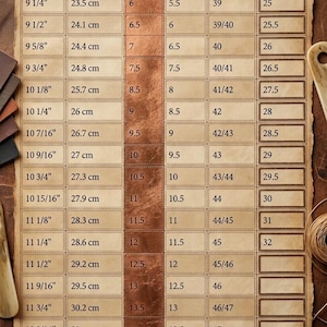May include: A shoe size chart titled "Men's Shoes Length and Width Charts" from The Leather Empire. The chart includes US, UK, European, and Japanese sizes, with lengths in inches and centimeters.