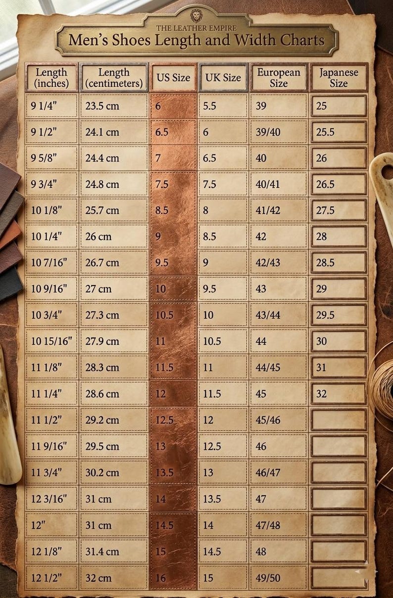 May include: A shoe size chart titled "Men's Shoes Length and Width Charts" from The Leather Empire. The chart includes US, UK, European, and Japanese sizes, with lengths in inches and centimeters.