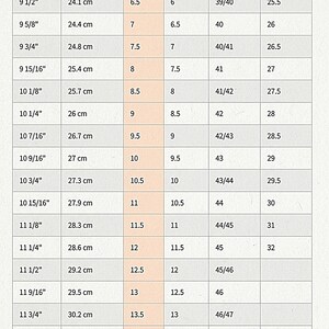 May include: A shoe size conversion chart titled Men's Shoes Length and Width Charts. The table displays columns for length in inches and centimeters, alongside corresponding US, UK, European, and Japanese shoe sizes in a grid format.
