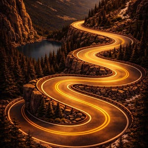 May include: A winding mountain road with a golden glow, snaking through a rugged landscape. The road is bordered by guardrails and lined with trees, leading towards a sunset over the distant mountains. A serene lake is visible.