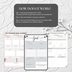 May include: Three pet training goal planner templates. The templates include sections for pet information, training goals, action steps, and progress tracking. The text "How Does It Work?" is at the top, with instructions on how to use the templates.