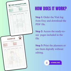 May include: Two digital pet activity log templates with paw print and text "Pet Activity Log". The image also includes the text "How Does It Work?" and instructions on how to download and use the PDF file.