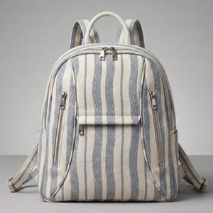 K&ouml;nnte beinhalten: Ein gestreifter Rucksack mit einem hellblau-wei&szlig;en vertikalen Muster. Die Tasche hat einen oberen Griff, verstellbare Tr&auml;ger und mehrere Rei&szlig;verschlussf&auml;cher. Die Rei&szlig;verschl&uuml;sse und Beschl&auml;ge sind silberfarben.