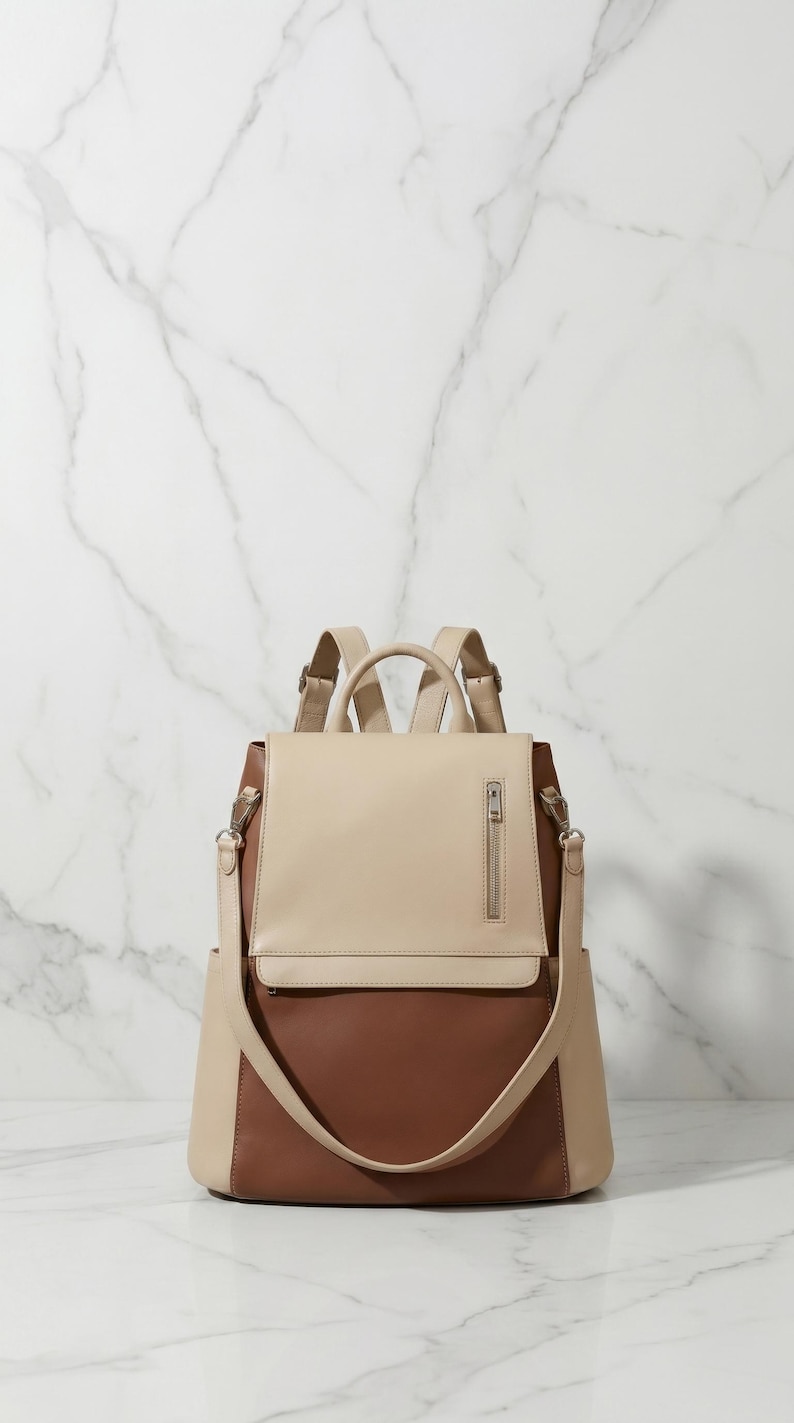 May include: A two-tone backpack in beige and brown leather. The bag has a flap closure with a zipper pocket, adjustable shoulder straps, and a detachable shoulder strap. The background is a white marble wall.