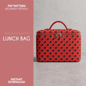 May include: A rectangular lunch bag with a red quilted exterior featuring a black polka dot pattern. The bag has a top handle, a zippered closure with two silver metal pulls, and text on the left side reading PDF PATTERN BEGINNER FRIENDLY, galaxysparkz LUNCH BAG, INSTANT DOWNLOAD.