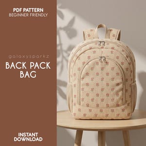 May include: Beige backpack with a floral pattern and vertical stripes. The backpack has a top handle, two side pockets, and two zippered compartments. Text on the left side reads "PDF PATTERN BEGINNER FRIENDLY" and "BACK PACK BAG".