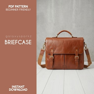 May include: A brown leather briefcase with a top handle and adjustable shoulder strap. The bag has two front pockets with buckle closures. The text "PDF PATTERN BEGINNER FRIENDLY" and "BRIEFCASE" are visible.