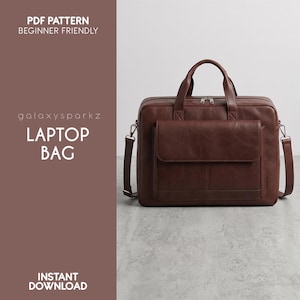 May include: A brown laptop bag with two top handles, a front flap pocket, and silver metal zippers. The text on the left reads: PDF PATTERN BEGINNER FRIENDLY, galaxysparkz, LAPTOP BAG, INSTANT DOWNLOAD. The bag features side rings for a shoulder strap.