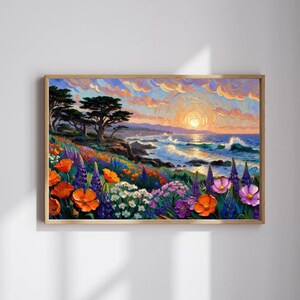 May include: A framed landscape painting depicts a coastal scene with vibrant wildflowers in the foreground. The artwork features orange poppies, purple lupines, and white flowers. The ocean waves crash against the rocky shore under a sunset sky.